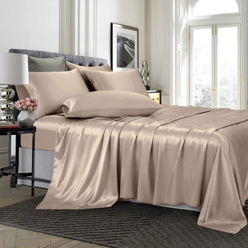 TREELY 6 Piece King Size Satin Sheet Set - Silky Smooth Taupe, Deep Pocket, Fitted Sheet, Flat Sheet, 4 Pillowcases - Image 2