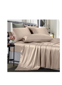 TREELY TREELY 6 Piece Satin Sheets King Size Silky Smooth Taupe Satin Sheet Set with Deep Pocket, Satin Fitted Sheet, Flat Sheet, 4 Satin Pillowcase  - Image 1