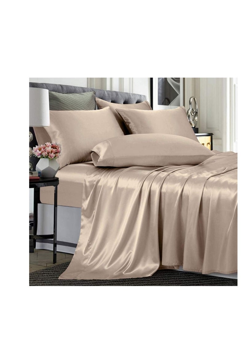 TREELY - TREELY 6 Piece Satin Sheets King Size Silky Smooth Taupe Satin Sheet Set with Deep Pocket, Satin Fitted Sheet, Flat Sheet, 4 Satin Pillowcase - Image 1