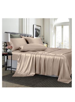 TREELY TREELY 6 Piece Satin Sheets King Size Silky Smooth Taupe Satin Sheet Set with Deep Pocket, Satin Fitted Sheet, Flat Sheet, 4 Satin Pillowcase  - Image 2