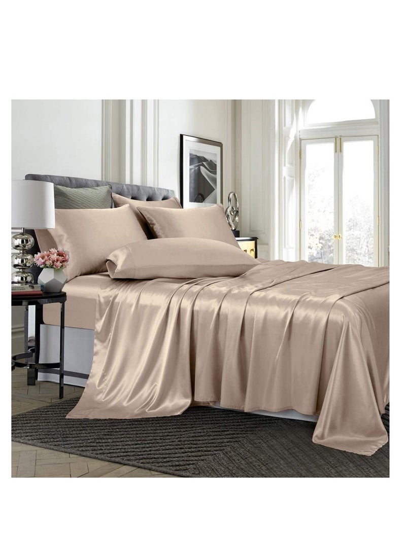 TREELY - TREELY 6 Piece Satin Sheets King Size Silky Smooth Taupe Satin Sheet Set with Deep Pocket, Satin Fitted Sheet, Flat Sheet, 4 Satin Pillowcase - Image 1