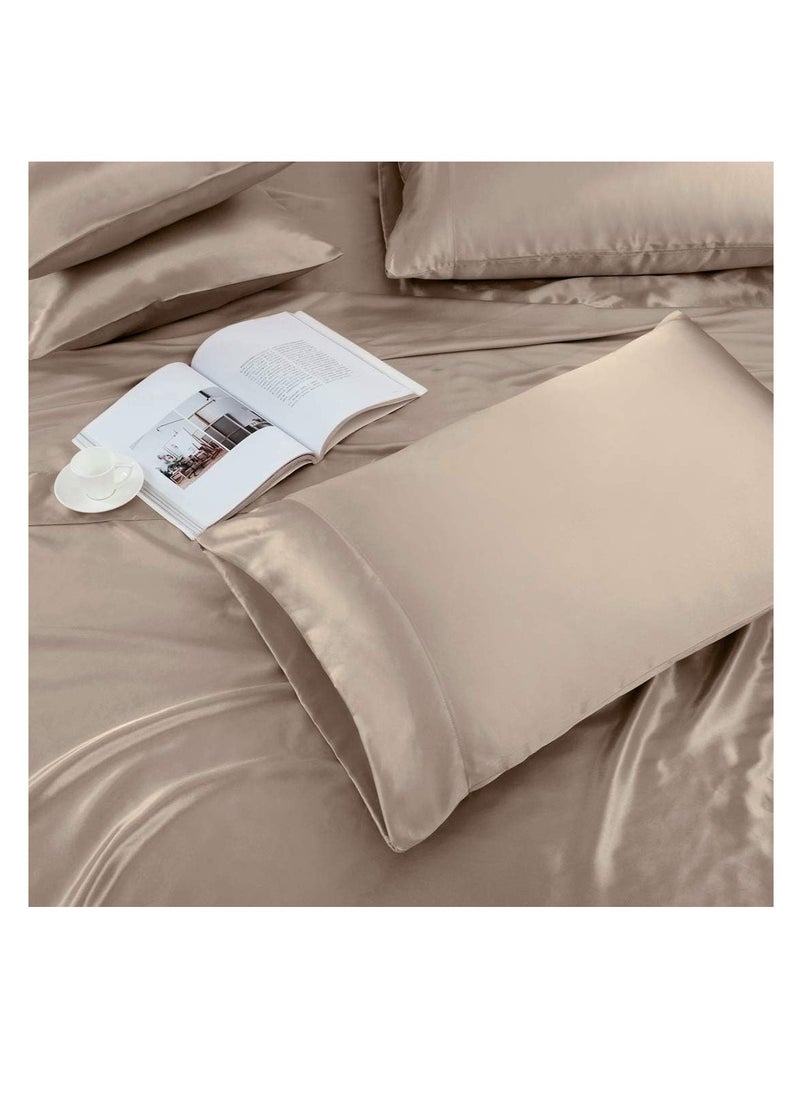 TREELY - TREELY 6 Piece Satin Sheets King Size Silky Smooth Taupe Satin Sheet Set with Deep Pocket, Satin Fitted Sheet, Flat Sheet, 4 Satin Pillowcase - Image 1