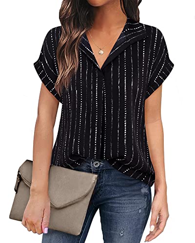 Timeson Womens Blouses for Work Professional,Summer Dress Shirts for Women Office Short Sleeve Ladies Tops and Blouses Business Casual V Neck Chiffon Tunics Loose Fit Formal Clothes Black Stripe XL - Image 1