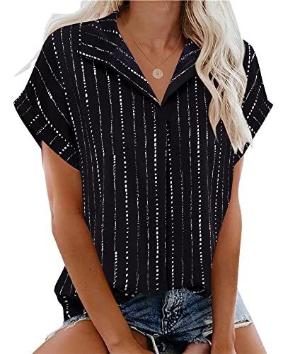 Timeson Womens Blouses for Work Professional,Summer Dress Shirts for Women Office Short Sleeve Ladies Tops and Blouses Business Casual V Neck Chiffon Tunics Loose Fit Formal Clothes Black Stripe XL - Image 3