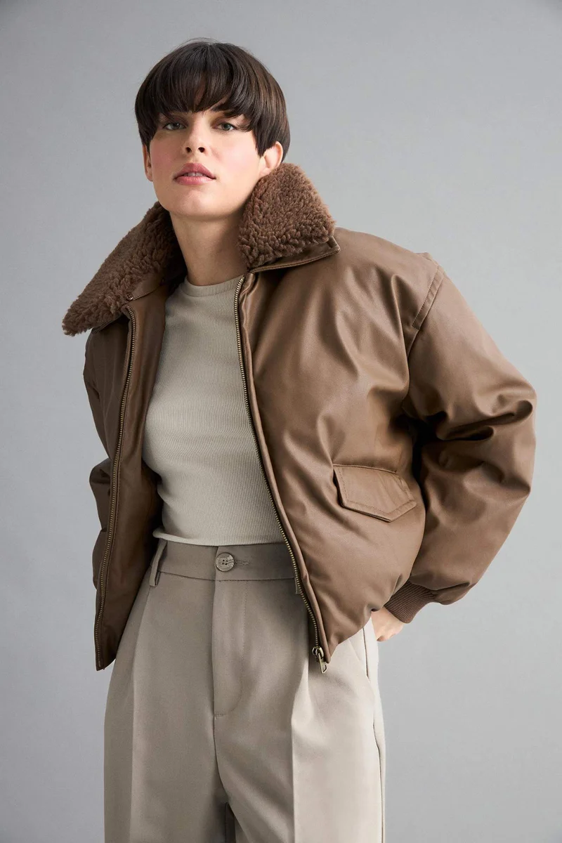 ديفاكتو Regular Fit Polo Neck Faux Leather Jacket