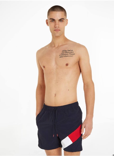 Men's Flag Mid Length Drawstring Slim Swim Shorts, Navy