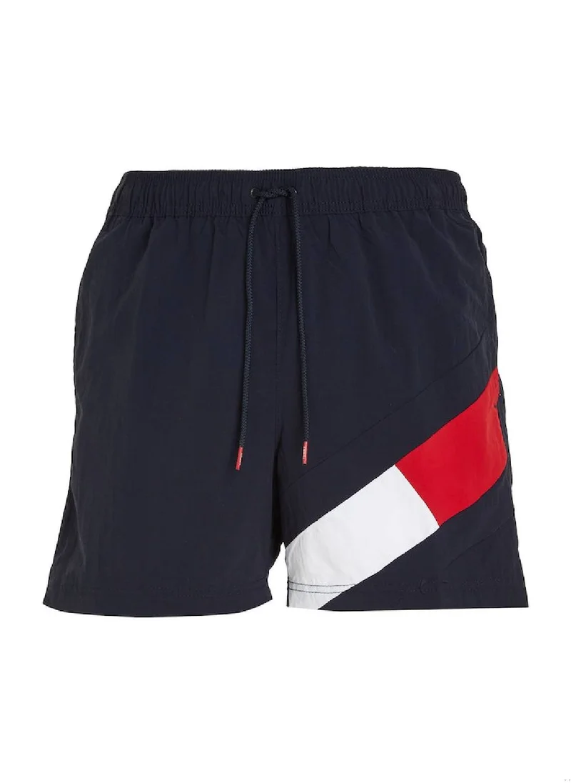 TOMMY HILFIGER Men's Flag Mid Length Drawstring Slim Swim Shorts, Navy