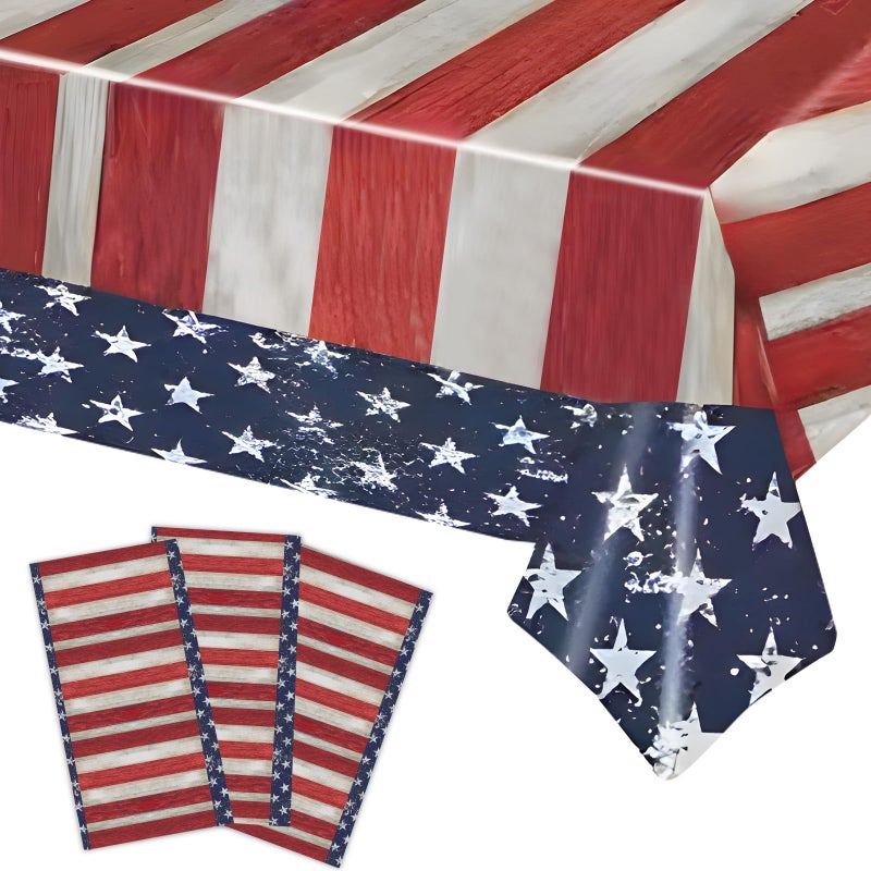 KALOR 3 Pack 4th of July Tablecloth Blue and Red Plastic Disposable Table Cover for Fourth of July Memorial Patriotic Day Independence Veterans Day Party Supplies108 x 54