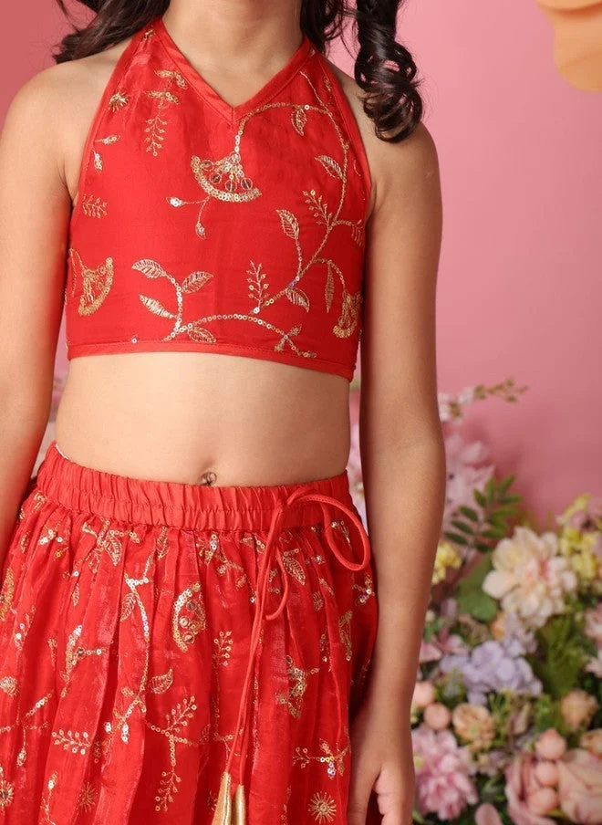 Saka Designs Red Embroidered Lehenga & Choli for Girls