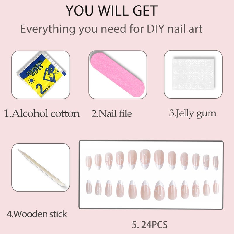 WAFOLOZE Almond Press on Nails,White French Tip Almond Nails Medium Fake/False Nail with Pearl Nail Press ons Designs Acrylic Artificial Stick on Nail for Women 24Pcs - Image 4