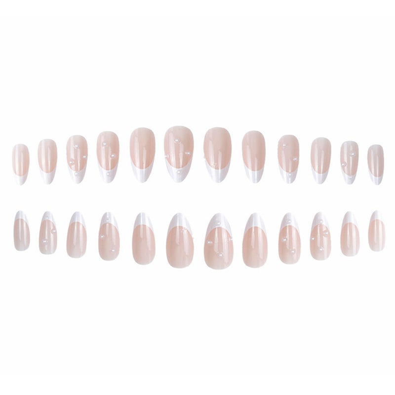 WAFOLOZE Almond Press on Nails,White French Tip Almond Nails Medium Fake/False Nail with Pearl Nail Press ons Designs Acrylic Artificial Stick on Nail for Women 24Pcs - Image 3