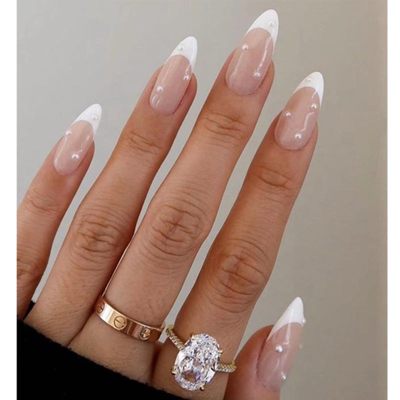 WAFOLOZE Almond Press on Nails,White French Tip Almond Nails Medium Fake/False Nail with Pearl Nail Press ons Designs Acrylic Artificial Stick on Nail for Women 24Pcs - Image 1