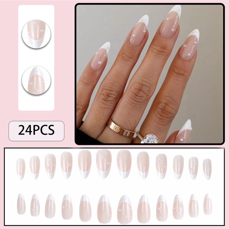 WAFOLOZE Almond Press on Nails,White French Tip Almond Nails Medium Fake/False Nail with Pearl Nail Press ons Designs Acrylic Artificial Stick on Nail for Women 24Pcs - Image 2