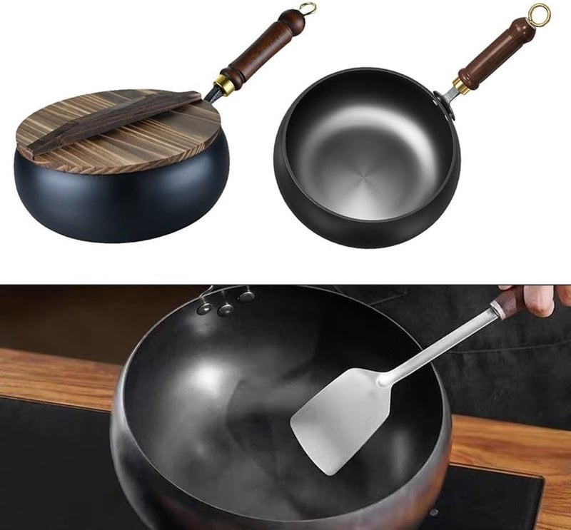 Big Belly Iron Wok 26.5cm, Hand Forged Uncoated Frying Pan for Gas and Induction Cooktops, Non-Stick Skillet Black(24cm pot+glass lid) - Image 4