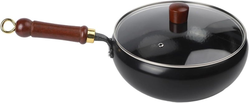 Big Belly Iron Wok 26.5cm, Hand Forged Uncoated Frying Pan for Gas and Induction Cooktops, Non-Stick Skillet Black(24cm pot+glass lid) - Image 1