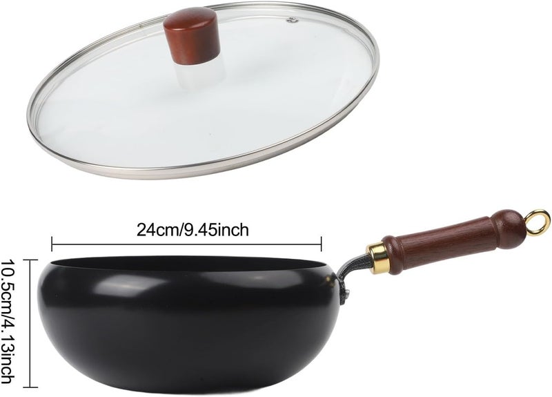 Big Belly Iron Wok 26.5cm, Hand Forged Uncoated Frying Pan for Gas and Induction Cooktops, Non-Stick Skillet Black(24cm pot+glass lid) - Image 2