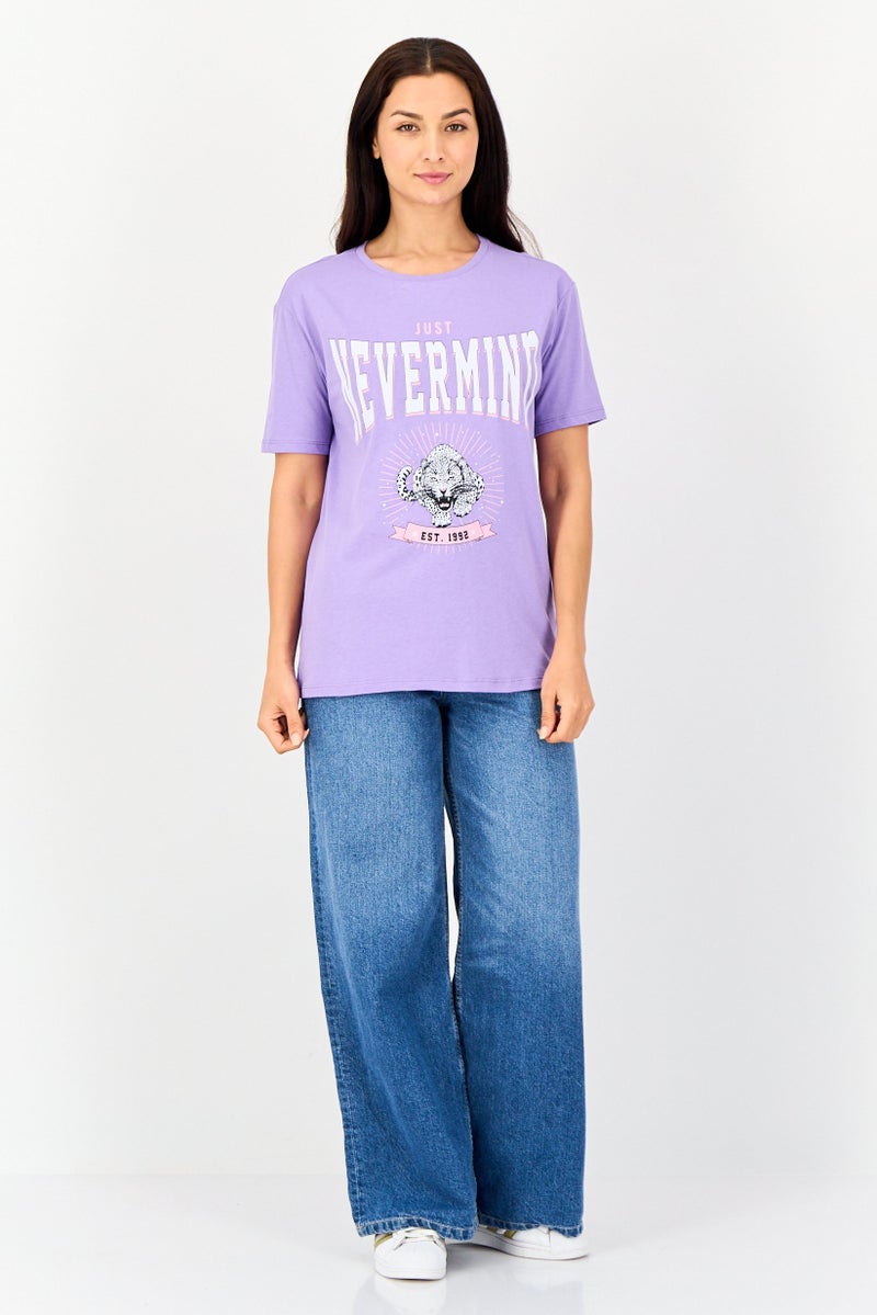 KOTON تي شيرت أولي من كوتون للنساء بأكمام قصيرة وياقة دائرية وطباعة جرافيك، بنفسجي - Image 4