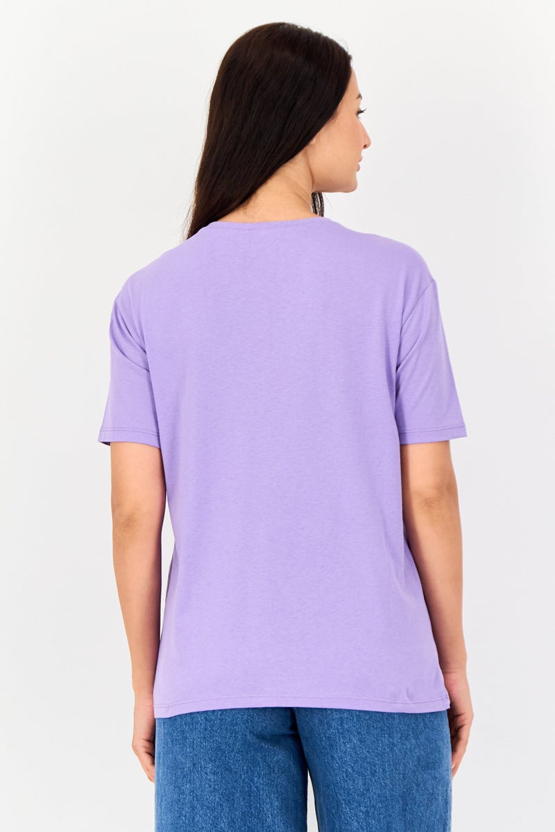KOTON تي شيرت أولي من كوتون للنساء بأكمام قصيرة وياقة دائرية وطباعة جرافيك، بنفسجي - Image 3