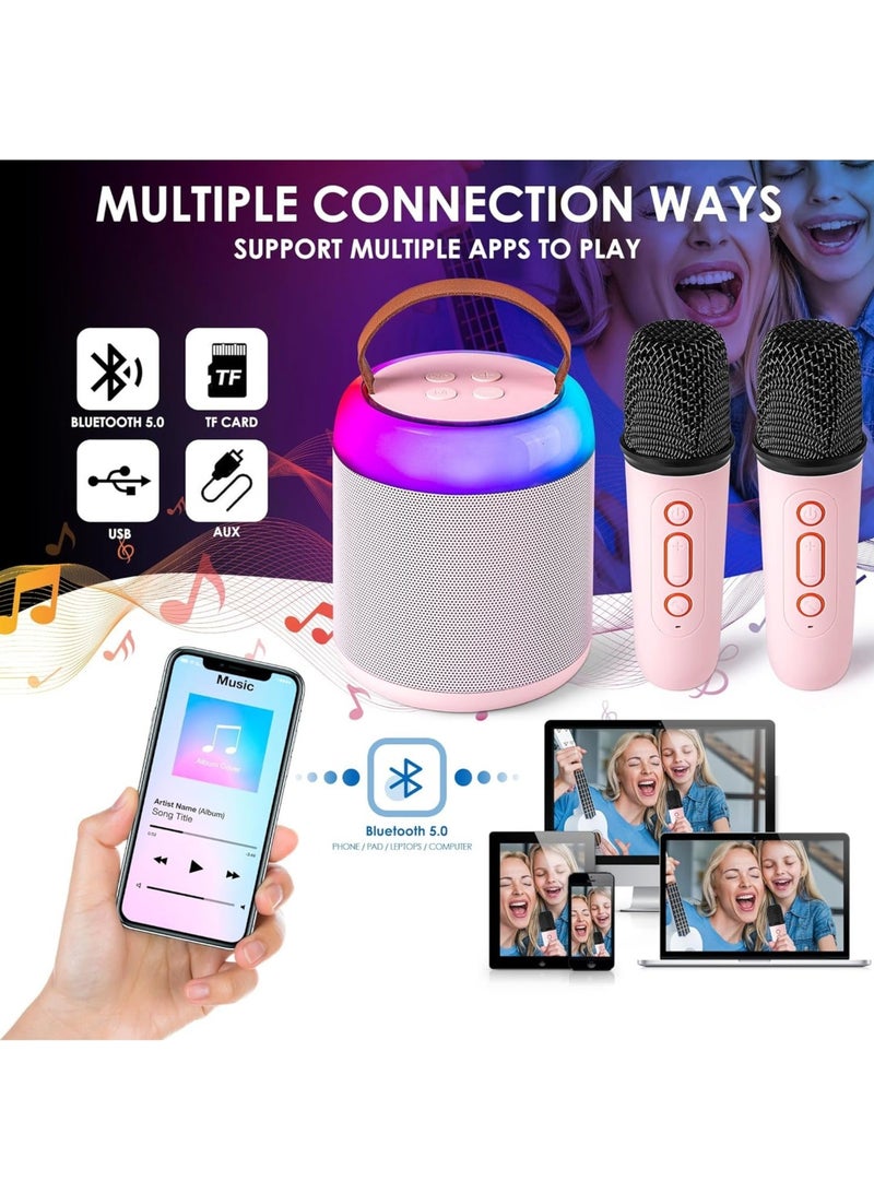 مجموعة آلة كاريوكي صغيرة مع ميكروفونين لاسلكيين، مكبر صوت بلوتوث محمول للبنات والأولاد، يدعم البلوتوث ومدخل AUX ومنفذ USB وبطاقة TF للحفلات والاجتماعات والأعراس والمنزل والخارج (وردي) - Image 3