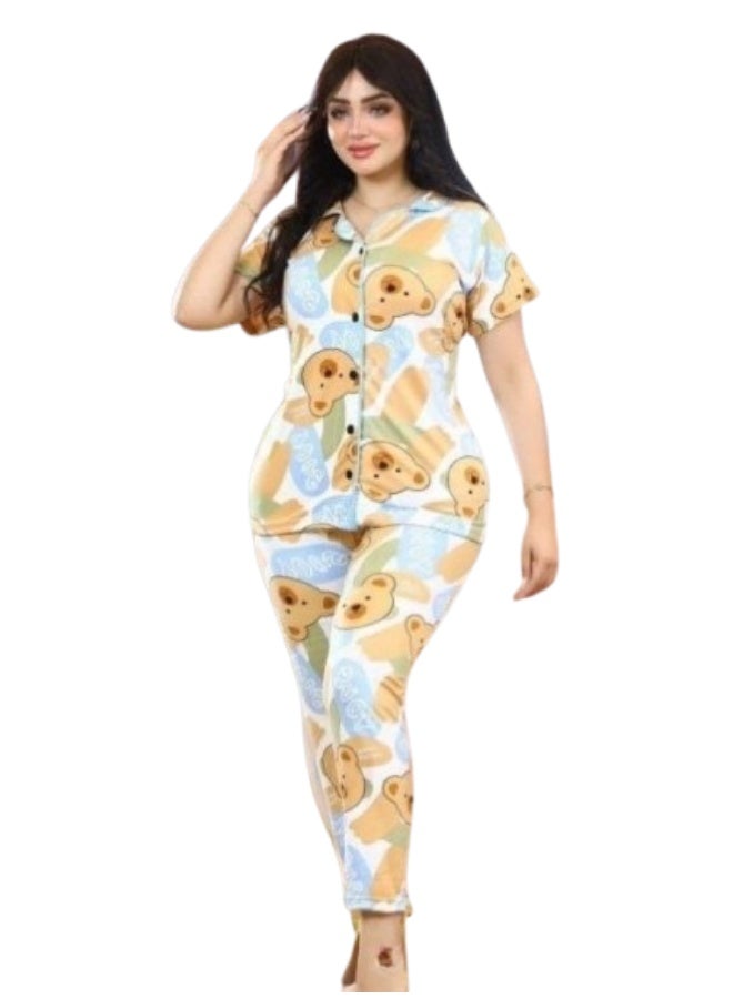 Women's summer cotton two-piece pajama set (pants + short-sleeved t-shirt) - Cartoon bear design - Image 1