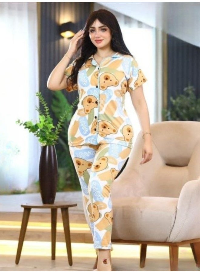 Women's summer cotton two-piece pajama set (pants + short-sleeved t-shirt) - Cartoon bear design - Image 2