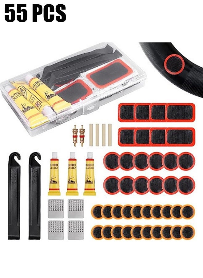 اتش واي طقم إصلاح إطارات الدراجة ثقب ، 40 قطعة بقع الإطارات و 4 قطع من المنطلق المعدني ، 3 مانع تسرب الإطارات ، 2 صمام ، 2 مخل ، 4 أنبوب مطاطي ، طقم إصلاح إطارات الدراجات ، طقم تصحيح إطارات الدراجة العملي أداة تصحيح إطارات الدراجة سهلة وسريعة الإصلاح للدراجات (55 قطعة) - Image 1