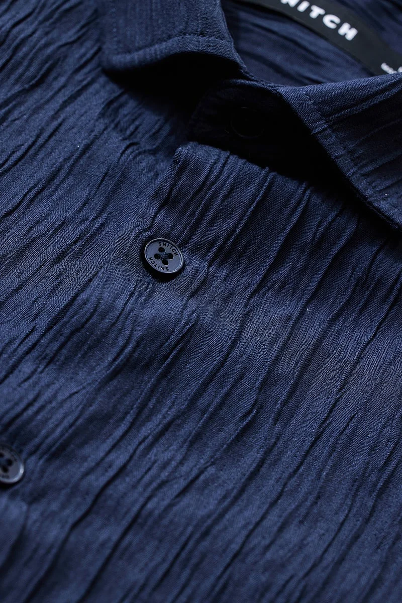 SNITCH Navy Slim Fit Creased Shirt