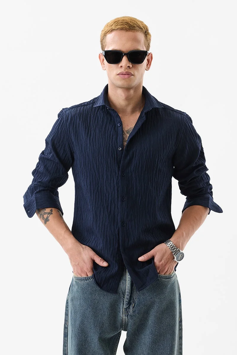 SNITCH Navy Slim Fit Creased Shirt