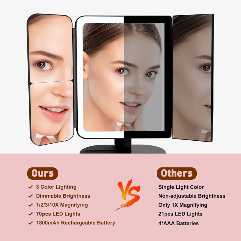 LED Makeup Mirror with Lights, 3 Sided Lighted Cosmetic Mirror with 3 Modes, Adjustable Angle Desktop Vanity Mirror for Makeup Travel, X-613 (Black) - Image 2
