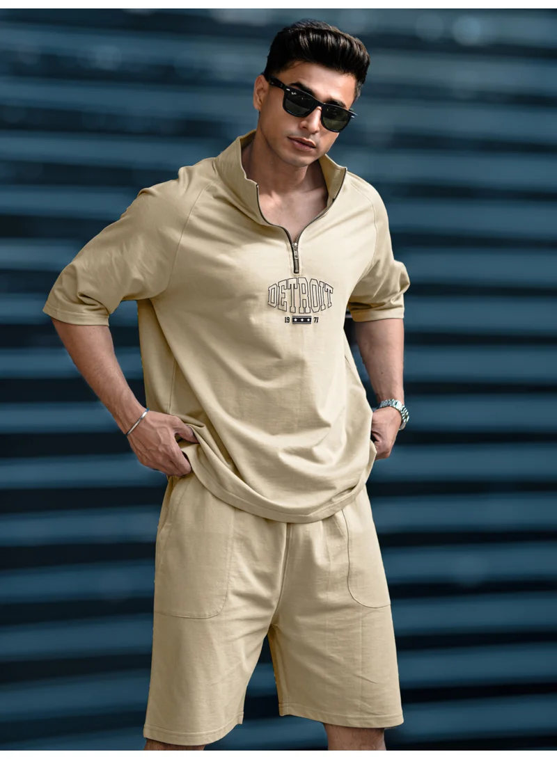 مانياك بدلة رياضية رجالية من القطن بنقشة جنون برقبة عالية وأكمام نصفية