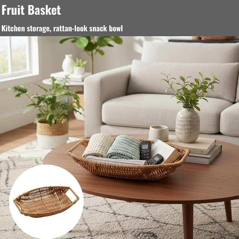 Large Beige Woven Rattan Look Fruit Basket Kitchen Storage Bowl 24x17x6 cm - Image 4