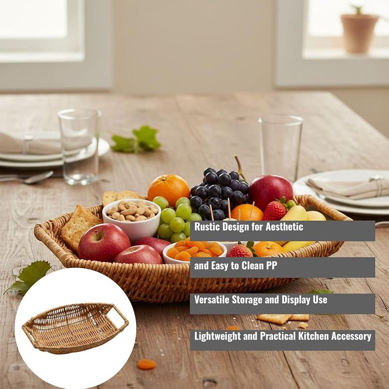 Large Beige Woven Rattan Look Fruit Basket Kitchen Storage Bowl 24x17x6 cm - Image 3