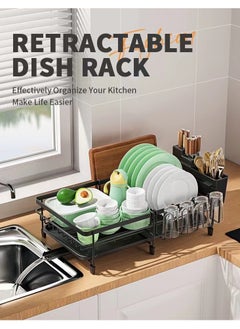 Dish Drying Rack - Extendable Dish Rack, Multifunctional Dish Rack for Kitchen Counter, Anti-Rust Drying Dish Rack with Removable Cutlery & Cup Holders, Black，Dish Drying Stand With Drainer  Large Kitchen Dish Rack with Removable Cutting Board Holder Utensil Holder and Cup Holder Baking Paint Process Coatings Dish Drainer