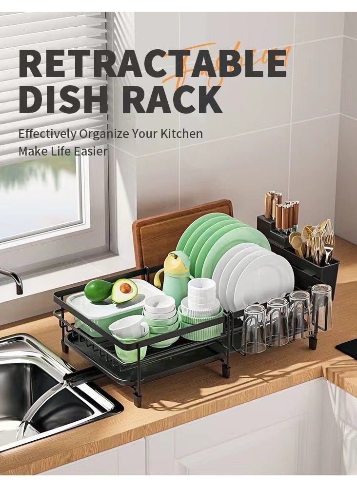 Generic - Dish Drying Rack - Extendable Dish Rack, Multifunctional Dish Rack for Kitchen Counter, Anti-Rust Drying Dish Rack with Removable Cutlery & Cup Holders, Black，Dish Drying Stand With Drainer  Large Kitchen Dish Rack with Removable Cutting Board Holder Utensil Holder and Cup Holder Baking Paint Process Coatings Dish Drainer - Image 1