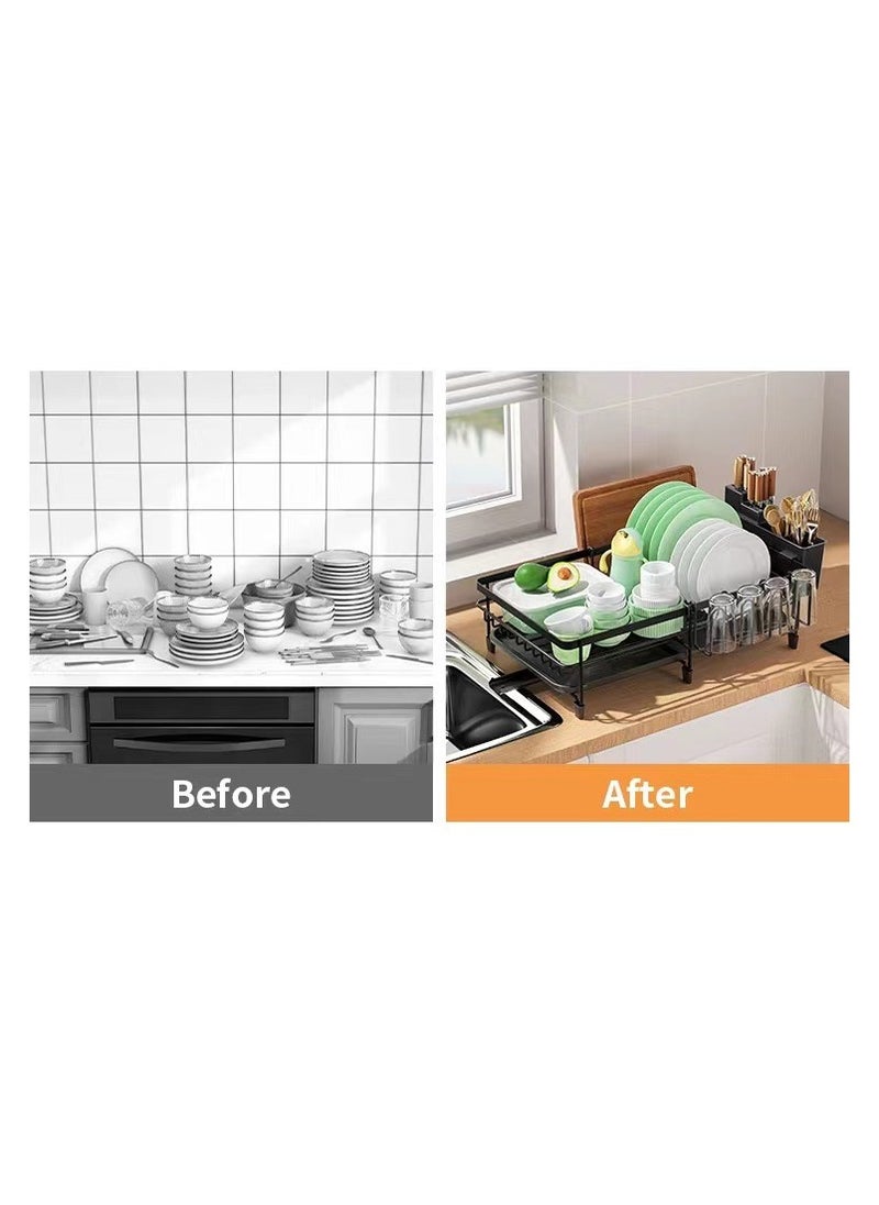 Generic - Dish Drying Rack - Extendable Dish Rack, Multifunctional Dish Rack for Kitchen Counter, Anti-Rust Drying Dish Rack with Removable Cutlery & Cup Holders, Black，Dish Drying Stand With Drainer  Large Kitchen Dish Rack with Removable Cutting Board Holder Utensil Holder and Cup Holder Baking Paint Process Coatings Dish Drainer - Image 1