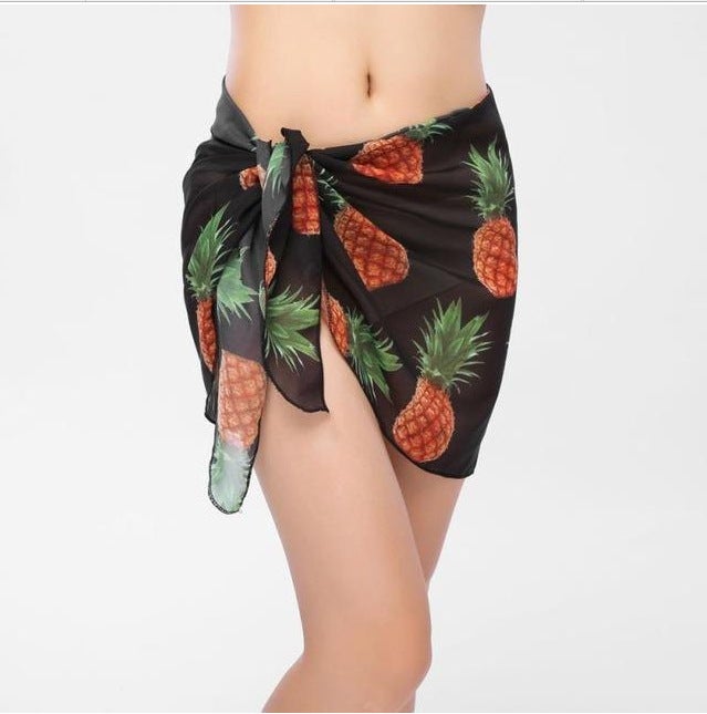 2025 summer European and American-style womens overskirt Amazon printed beach chiffon scarf draped skirt Black pineapple