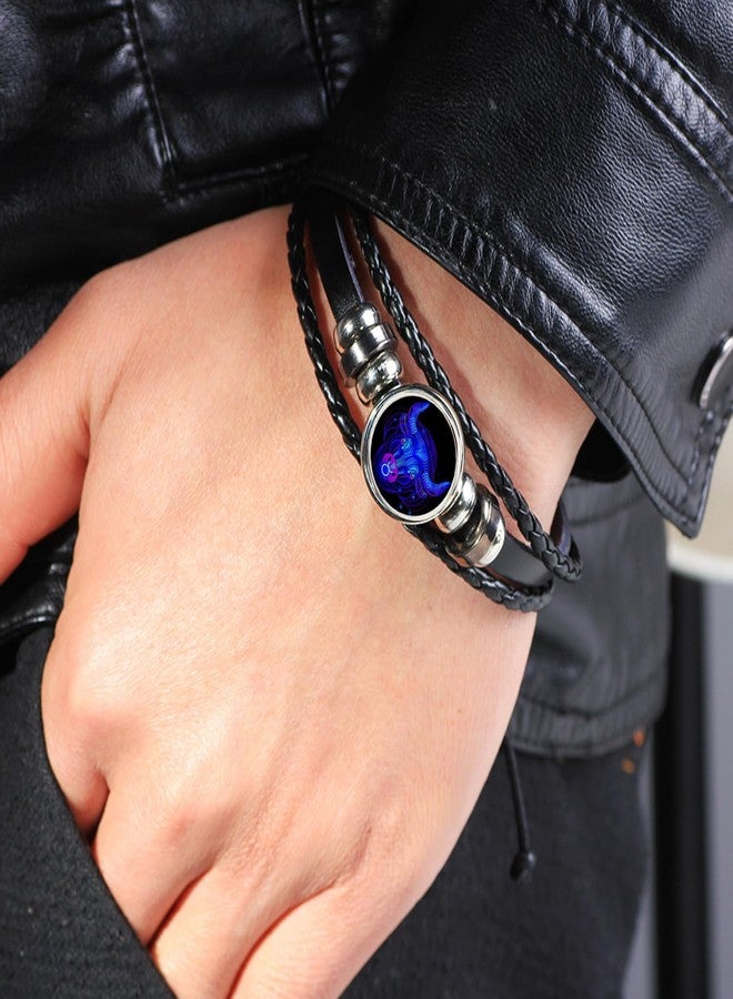 Aktully 2Pcs Multilayer Constellation Zodiac Leather Bracelet Vintage Black Leather Bracelet Adjustable Handmade Woven Bracelet Birthday Jewelry Gift for Women Men (Aquarius) - Image 2
