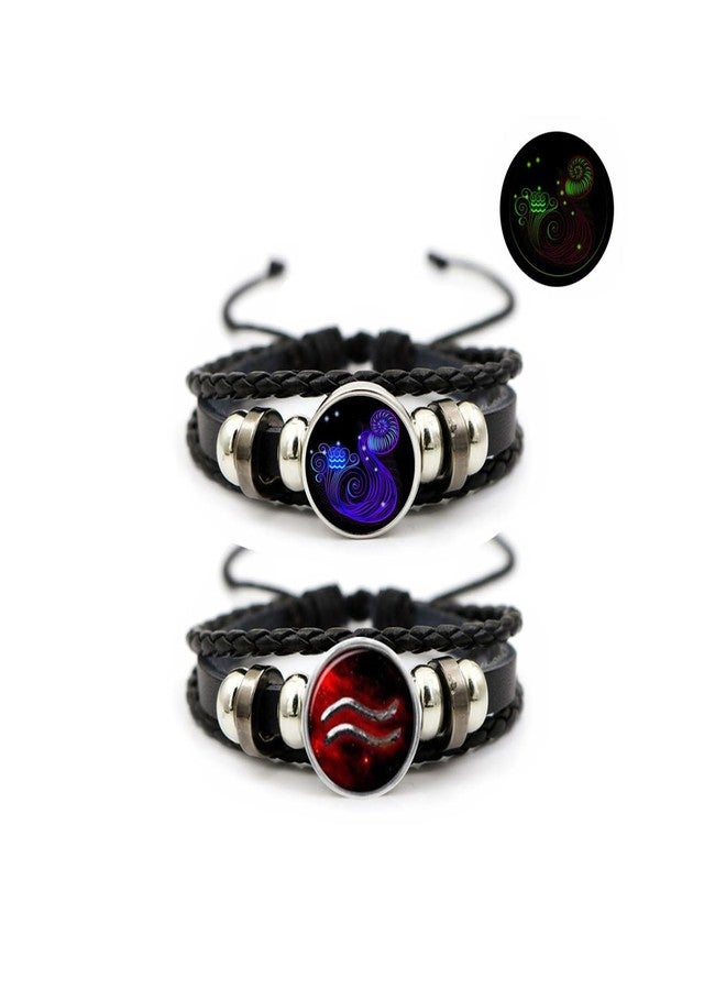 Aktully 2Pcs Multilayer Constellation Zodiac Leather Bracelet Vintage Black Leather Bracelet Adjustable Handmade Woven Bracelet Birthday Jewelry Gift for Women Men (Aquarius) - Image 1