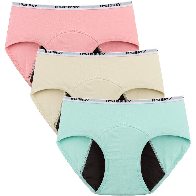 INNERSY Period Underwear for Teens Girls Cotton Leak-Proof Menstrual Panties 3-Pack(Brights,L(12-14 yrs)) - Image 1