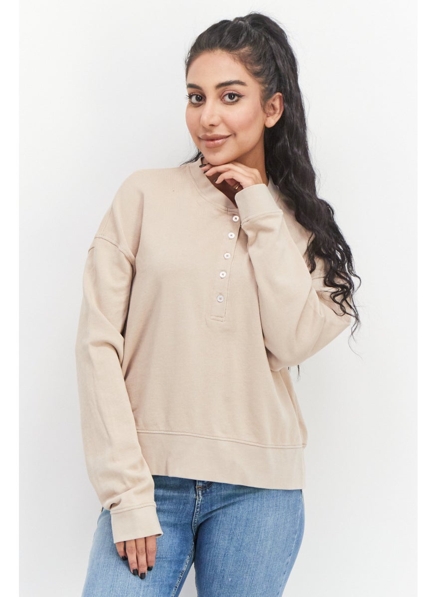 Earnest Sewn Women Split Neck Long Sleeves Plain Sweatshirts, Tan  - Image 1