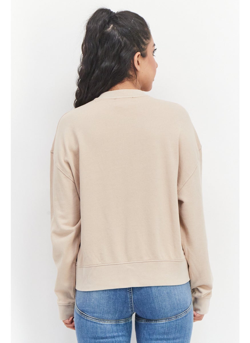 Earnest Sewn Women Split Neck Long Sleeves Plain Sweatshirts, Tan  - Image 3