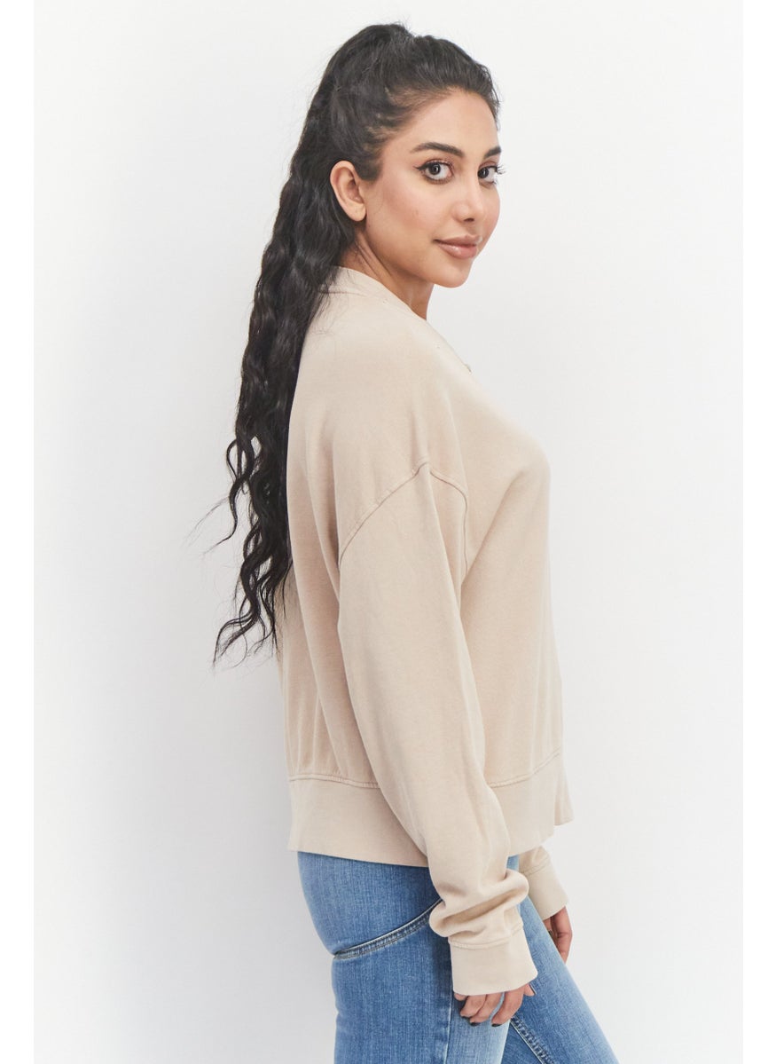 Earnest Sewn Women Split Neck Long Sleeves Plain Sweatshirts, Tan  - Image 2