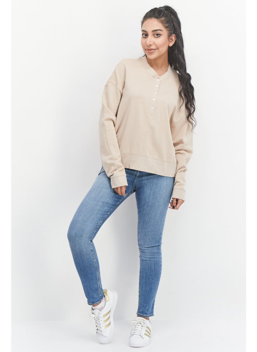 Earnest Sewn Women Split Neck Long Sleeves Plain Sweatshirts, Tan  - Image 4