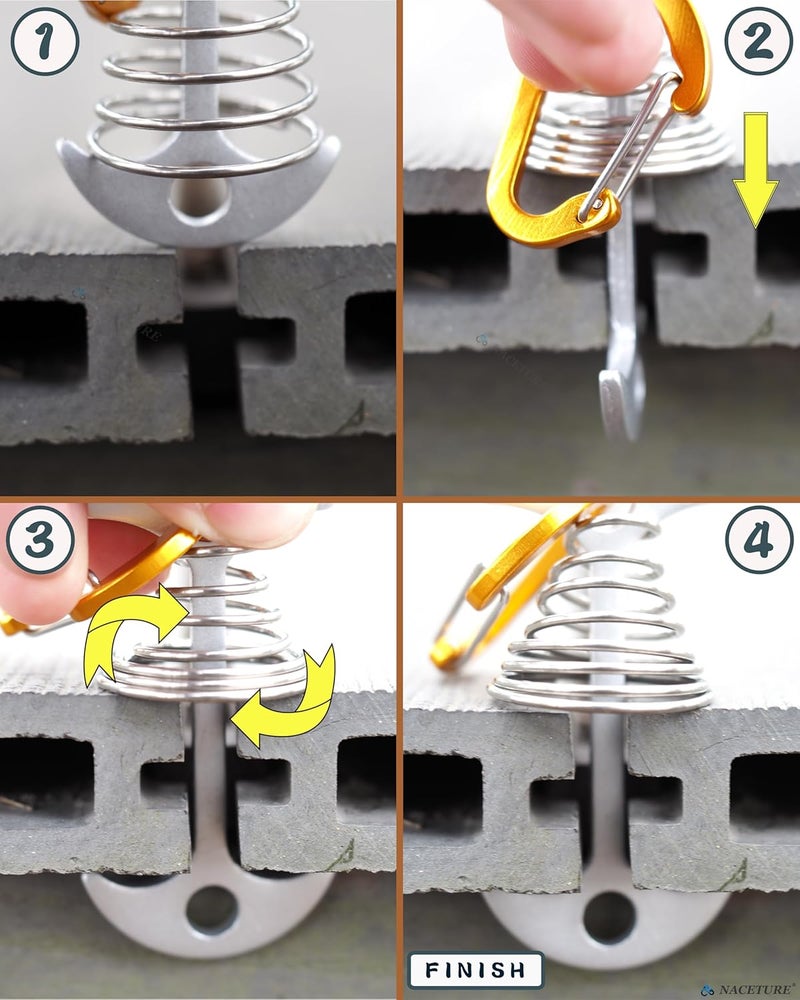 NACETURE Deck Anchors Pegs with Carabiners - Tie Down Anchor Rope Tensioner | Rope Tent Tie Down Stakes Clips, Canopy Tent Anchors Outdoor Camping Tent Accessories 10 Pack (Sliver) - Image 3