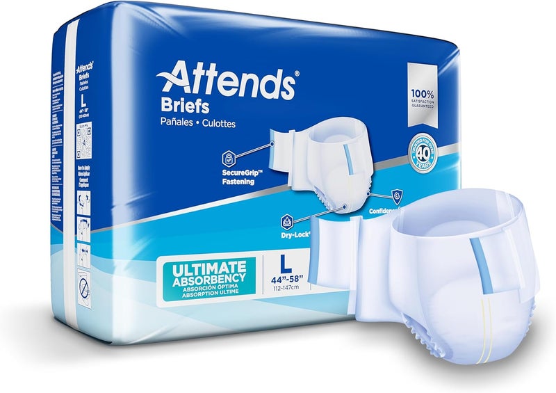Attends Adult Unisex Disposable Briefs Large 4458 Waist with SecureGrip Tab Closure Ultimate Absorbency Breathable Materials 72ct Bag - Image 1