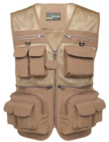 Flygo Mens Fishing Vest Utility Lightweight Outdoor Travel Safari Photo Cargo Vest with 16 pockets mesh Khaki 2XL