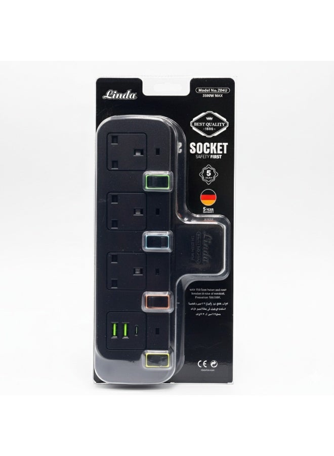 Linda Z04U Extension Multi plug with 3 Sockets, 2 USB Portals And 1 Type-C Portal | German Designed | 13A Fuse Button with Child Safety - Black - Image 1