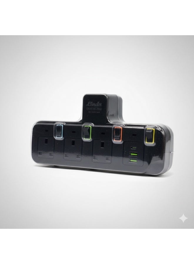 Linda Z04U Extension Multi plug with 3 Sockets, 2 USB Portals And 1 Type-C Portal | German Designed | 13A Fuse Button with Child Safety - Black - Image 2