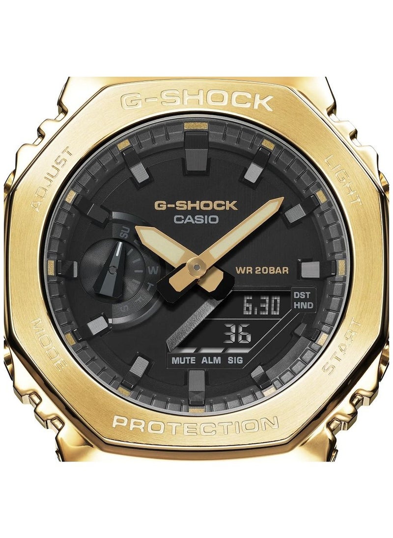 Casio Men Watch G-Shock Octagonal Analog Digital Black Dial Resin Band Gold Ion Plated Bezel GM-2100G-1A9DR