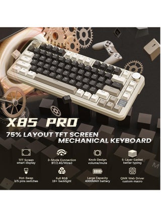 لوحة مفاتيح الألعاب اللاسلكية X85 Pro، قابلة للتبديل السريع، وضع ثلاثي (BT 5.1/2.4Ghz/Type-C)، غطاء، شاشة TFT ومقبض، تخطيط 75%، أغطية مفاتيح PBT، تخصيص QMK، لأجهزة الكمبيوتر الشخصية/MAC - view 2